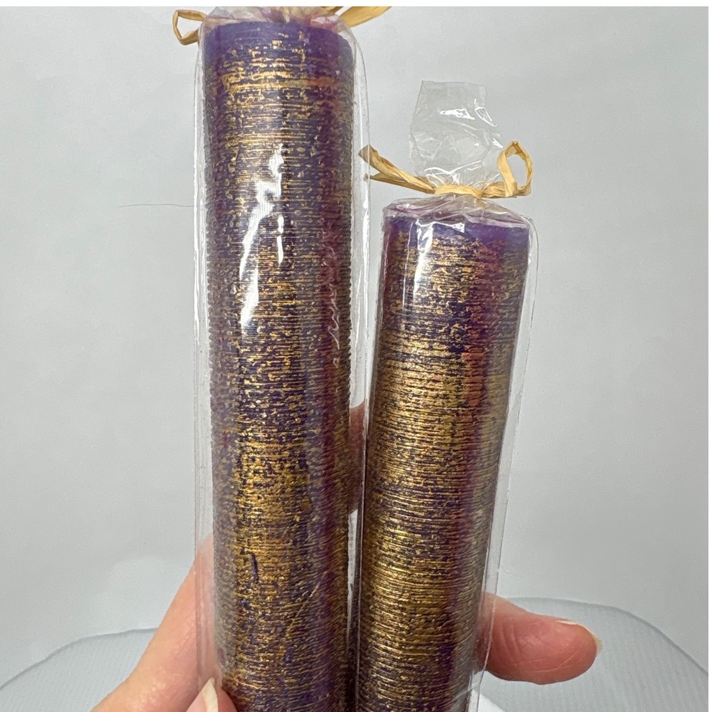 Purple Candles with Gold Tone Set of 2 Taper Candles 8 Inch Tall Home Decor